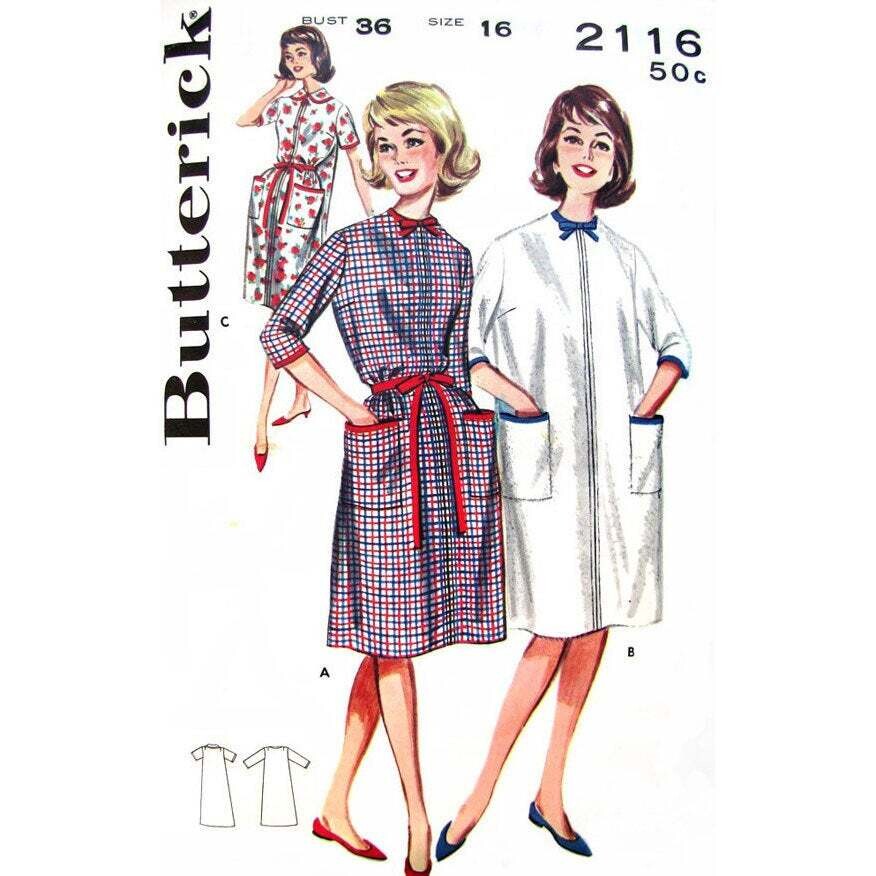 60s House Dress Pattern Butterick 2116 Zipper Robe Size 16