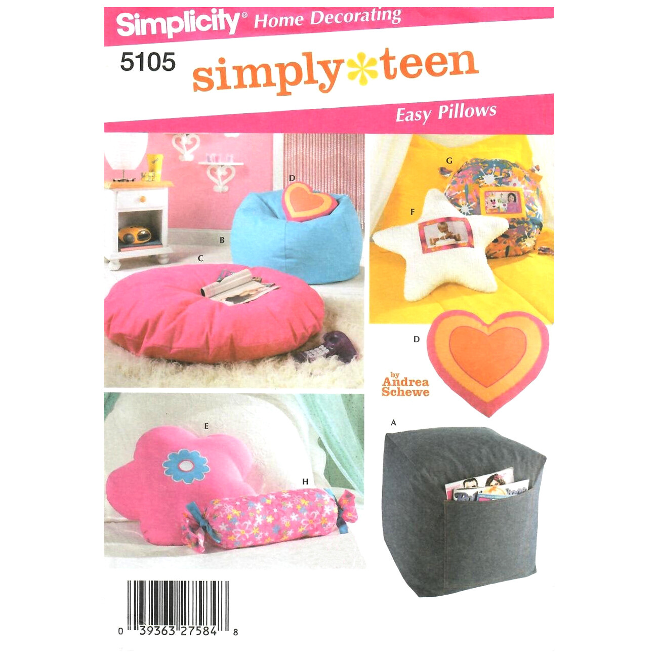 Simplicity 5105 Bean Bag Chair, Heart Flower Star Pillow Pattern