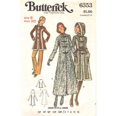 70s Vintage Coat Pattern Butterick 6353 Hooded Jacket