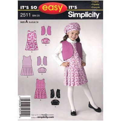 Simplicity 2511 Girls Drop Waist Jumper Dress, Vest, Hat Pattern
