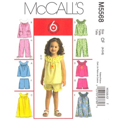 McCall's 5568 Girls Yoked Dress, Top, Shorts, Capris Pattern