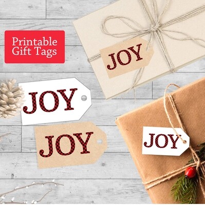 Printable Joy Gift Tags, Red Buffalo Plaid DIY Christmas Tags