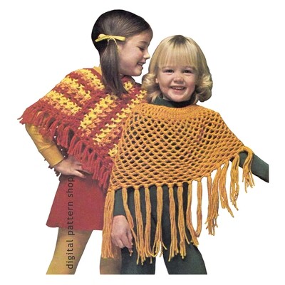 1970s Poncho Crochet Pattern for Girls Two Styles Beach Cover