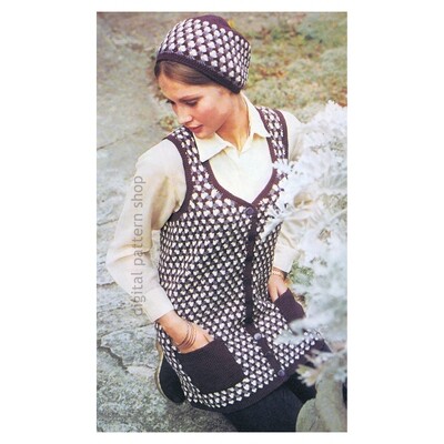 70s Vest and Hat Crochet Pattern for Women, Sleeveless Cardigan