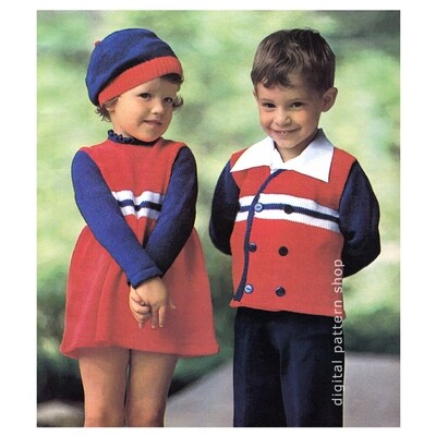 Knitting Pattern for Girls Dress & Beret and Boys Jacket
