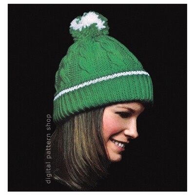 70s Cable Pom Pom Hat Knitting Pattern for Women, Winter Toque