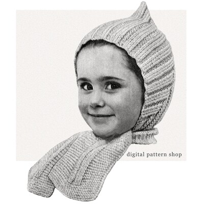 50s Pixie Hat Knitting Pattern Child’s Peaked Hood, Tie Scarf PDF