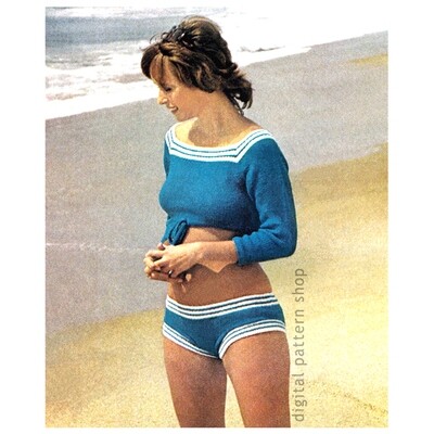 70s Midriff Top, Low Rise Briefs Knitting Pattern Beach Playsuit