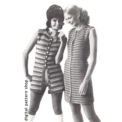 60s Micro Mini Dress or Tunic Crochet Pattern, Button Front