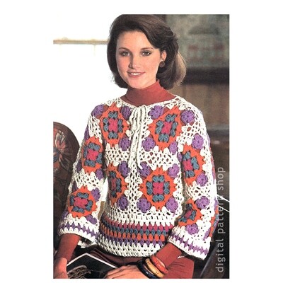 70s Granny Square Top Crochet Pattern, Motif Sweater