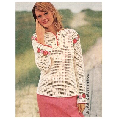 70s Flower Trim Filet Crochet Top Crochet Pattern, Mesh Sweater