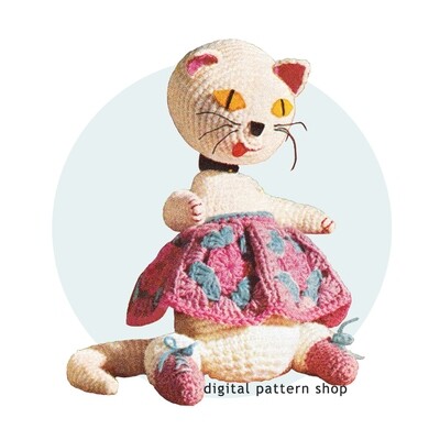 70s Cat Crochet Pattern, Stuffed Toy Granny Square Skirt Amigurumi