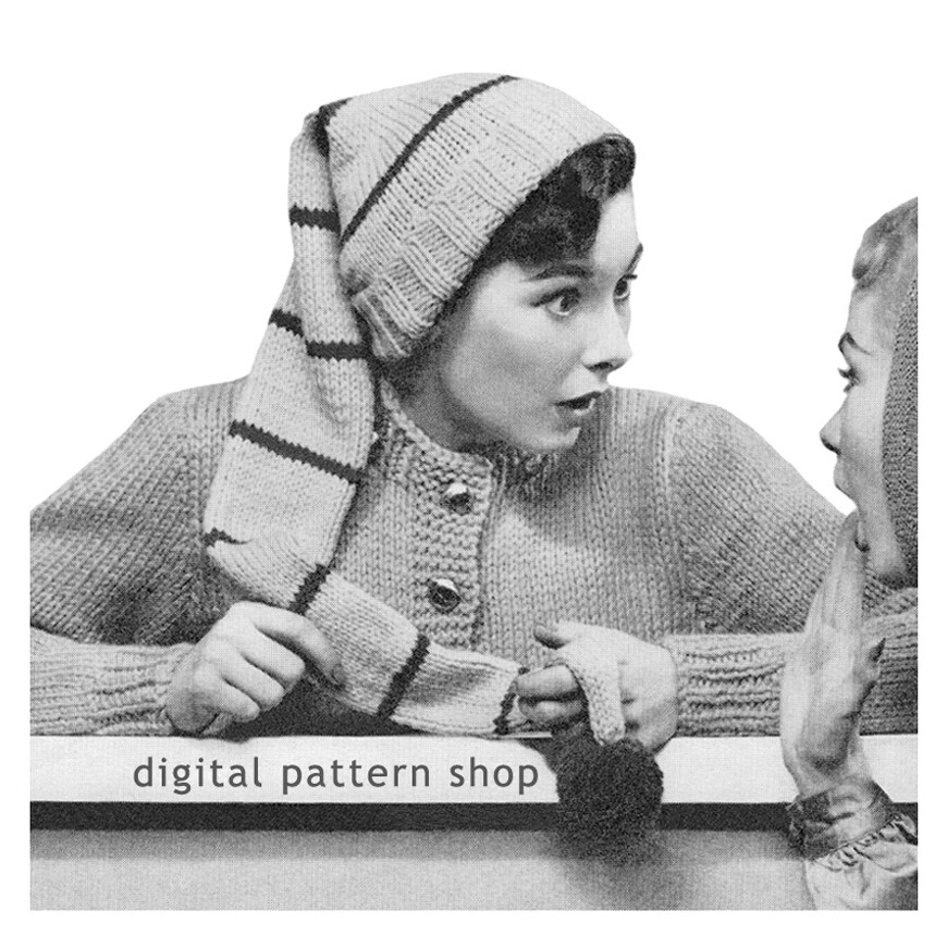 40s Stocking Cap Knitting Pattern, Long Knit Pom-Pom Hat