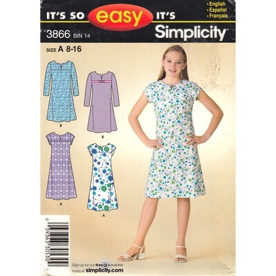 Simplicity 3866 Girls Dress Pattern, Easy Pullover Dress Size 8-16