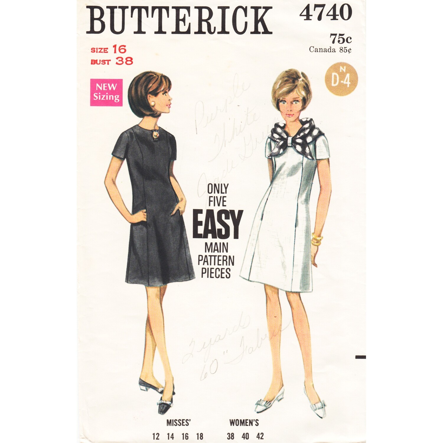 60s Dress Pattern Butterick 4740 Short Sleeve A-Line Dress Bust 38