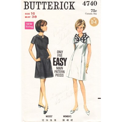 60s Dress Pattern Butterick 4740 Short Sleeve A-Line Dress Bust 38