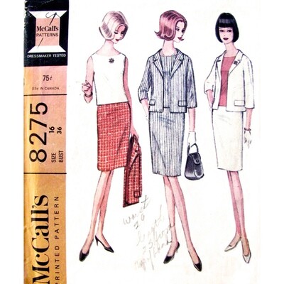 60s Ladies Suit & Blouse Pattern McCall's 8275 Jacket, Slim Skirt