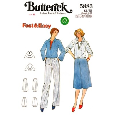 70s Loose Top, Skirt and Pants Pattern Butterick 5883 Size 8