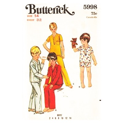 Boys 70s Two-Piece Pajama Pattern Butterick 5998 Size 14