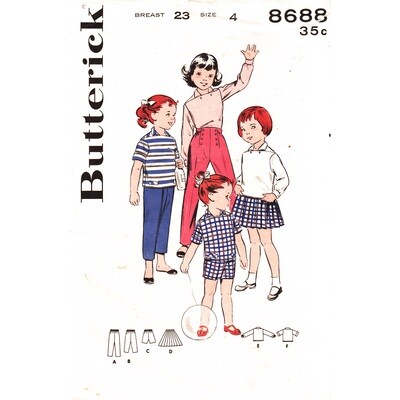 Girls 50s Capri Shirt, Pleated Skirt, Pants Pattern Butterick 8688