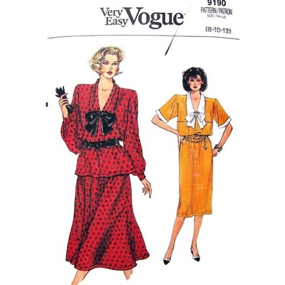 80s Pullover Dress, Top, Skirt Pattern Vogue 9190 Neck Tie
