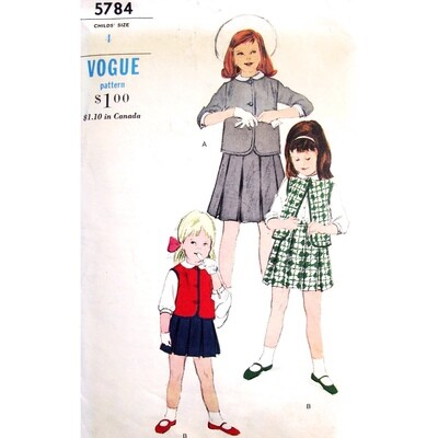 Girls 60s Blouse, Jacket, Pleated Skirt Pattern Vogue 5784 Size 4