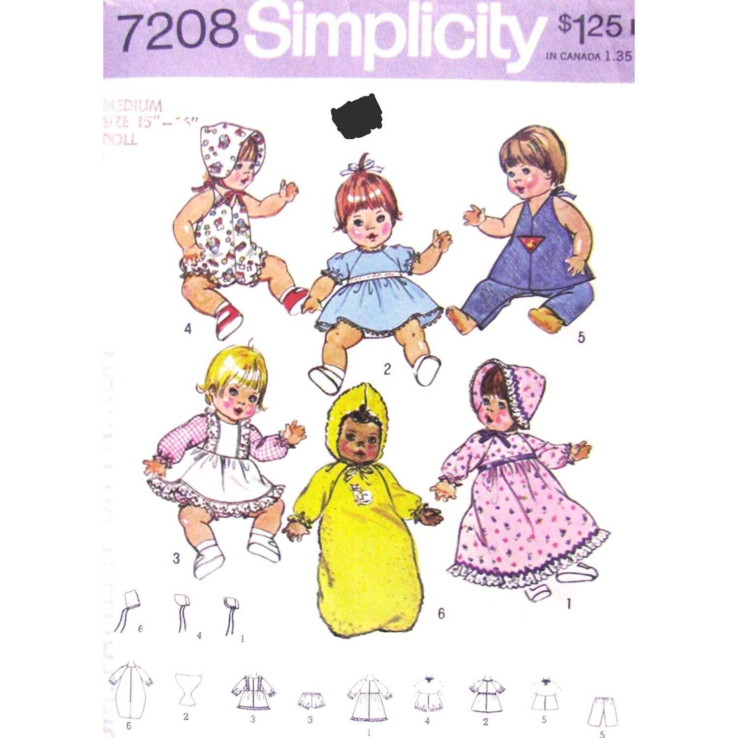 1970s Doll Clothes Pattern Simplicity 7206, 15 16 Inch Baby Doll