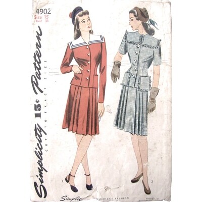 40s Two Piece Sailor Dress Pattern Simplicity 4902 Square Collar Bust 33