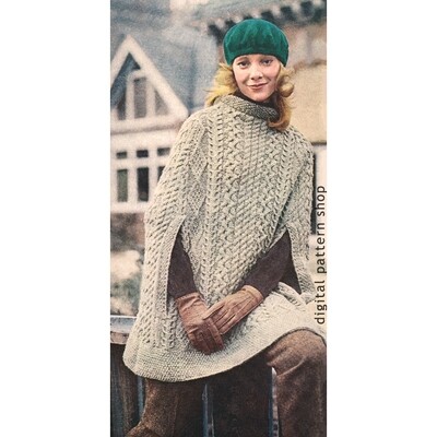 70s Irish Cape Knitting Pattern for Women, Poncho Arm Slits