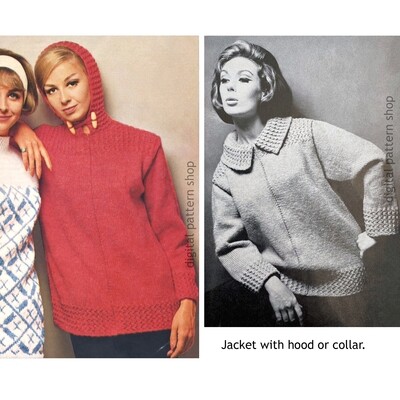 60s Collar or Hooded Jacket Knitting Pattern, Zipper Front  Sweater PDF