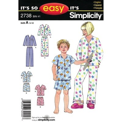 Simplicity 2738 Kids Easy Pajama Pattern Top, Shorts, Pants