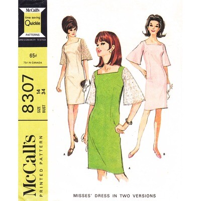 60s Bell Sleeve Dress Pattern McCall's 8307 Square Neck Bust 34