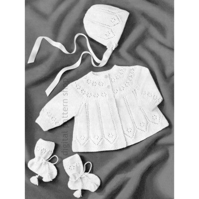 Baby Knitting Pattern Matinee Coat, Bonnet, Booties, Sweater Set