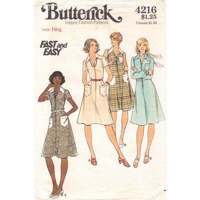 70s Zipper Front Dress Sewing Pattern Butterick 4216 Bust 39