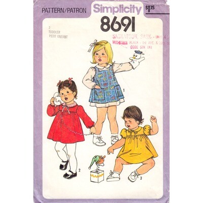 Girls Dress, Pinafore Pattern Simplicity 8691 Toddler Size 2