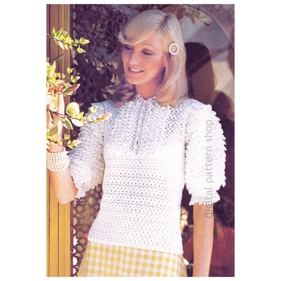 70s Puff Sleeve Blouse Crochet Pattern, Lacy Evening Top PDF