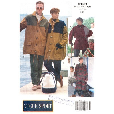 Vogue 8180 Jacket & Coat Pattern Detachable Hood Unisex Size L, XL