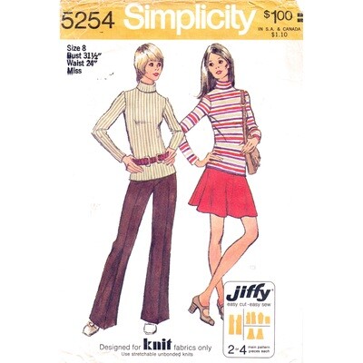 70s Back Zipper Top, Flared Mini Skirt, Pants Pattern Simplicity 5254