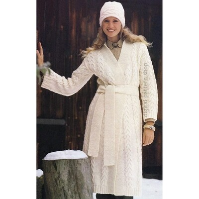 Long Cable Coat Knitting Pattern, Wrap Sweater and Hat