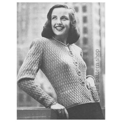 1940s Cardigan Knitting Pattern for Women, Basketweave Stitch PDF