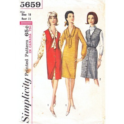 60s Button Front Dress or Jumper Pattern Simplicity 5659 Bust 38