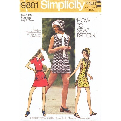 70s Mini Dress, Hot Pants Shorts, Hat Pattern Simplicity 9881