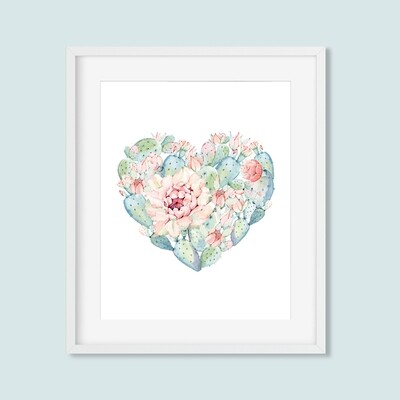 Cactus Heart Printable Art, Watercolor Succulent Bathroom Art, Pink Green