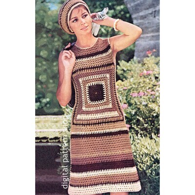 Granny Square Dress Crochet Pattern, Afghan Dress, Beret Hat PDF