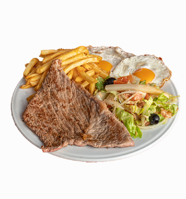 Plato 8: Filete de ternera, dos huevos, papas y ensalada