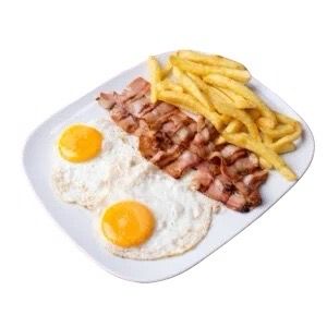 Plato 4: Dos huevos fritos, papas y bacon