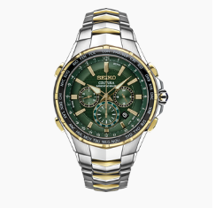 Seiko SSG022 Coutura Radio Sync Solar Chronograph watch, green sunray dial with gold accents and a world-time bezel