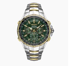 Seiko Coutura Radio Sync Solar Chronograph – Green Dial – SSG022 Seiko SSG022 Coutura Radio Sync Solar Chronograph watch, green sunray dial with gold accents and a world-time bezel