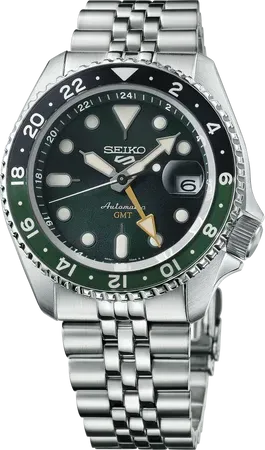 Seiko 5 Sports SKX Sports Style GMT – Green Dial, 42.5mm, Automatic GMT – SSK035 Seiko SSK035 5 Sports SKX Sports Style GMT watch, green dial, gold GMT hand and dual-tone green/black GMT bezel