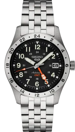 Seiko 5 Sports Field GMT – Black Dial, 39.4mm, Automatic GMT – SSK023 Seiko SSK023 5 Sports Field GMT watch, black dial, metalized silver GMT bezel and red-orange GMT hand
